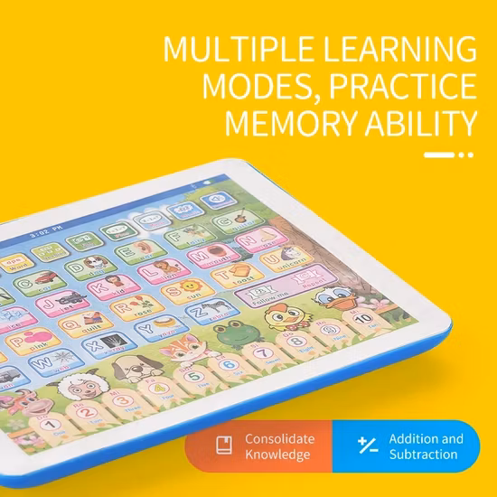 Juguete de plástico para niños, tableta en inglés para niños, serie de educación temprana, ordenador portátil educativo, juguetes para máquinas de aprendizaje, almohadilla divertida con sonido